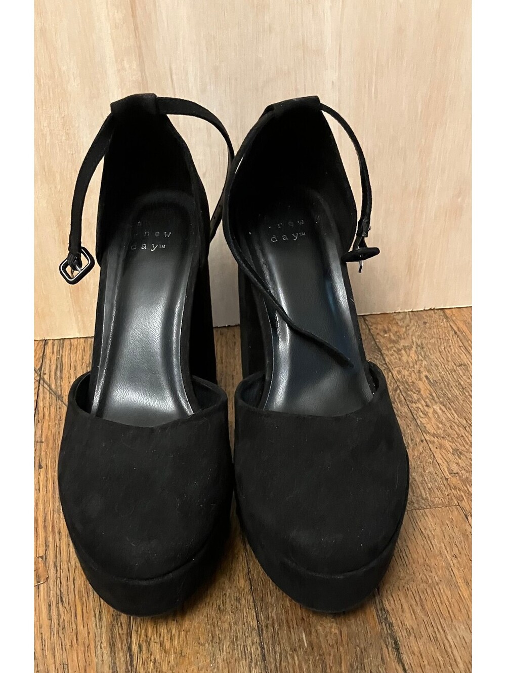 A New Day Womens 7 Mary Jane Platform Heels Black Suede Ankle Strap Block Heel - Picture 2 of 8